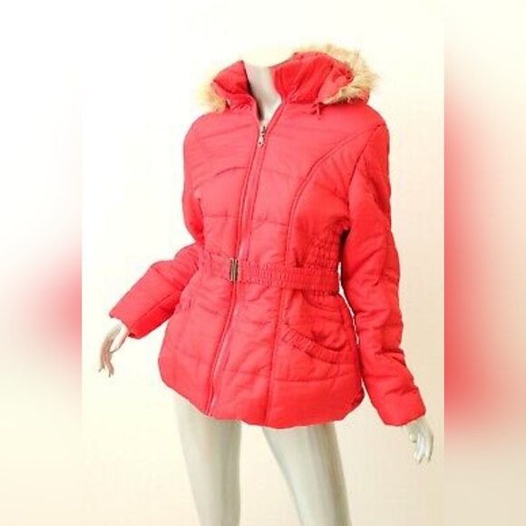 RAMPAGE bright red faux fur trim HOODED jacket L - Picture 6 of 8